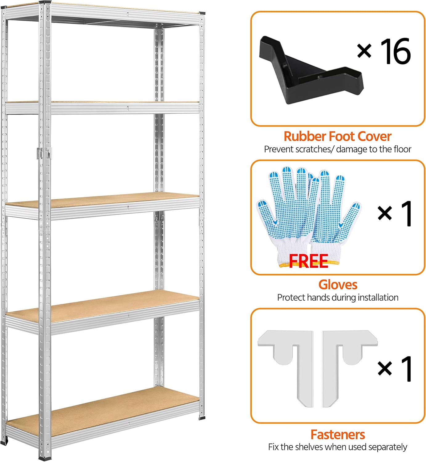 Included accessories: rubber foot covers, gloves, and fasteners