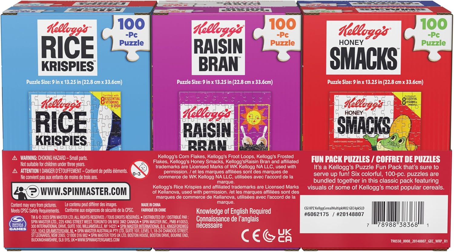 Spin Master Games, Kellogg's Cereal 100-Piece Puzzles 6-Pack, Square Cereal Boxes Puzzle Gift Set, Froot Loops, Rice Krispies, Raisin Bran, Corn Flakes, Frosted Flakes, Honey Smacks for Ages 4 & Up