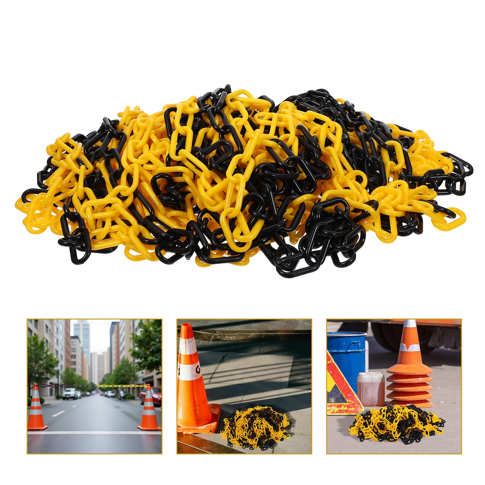 Veemoon Cadena Barrera de Seguridad de Plástico 6 Mm Amarillo y Negro, 25 Metros, Barrera de Cadena para Estacionamiento y Control de Multitudes en Obras Industriales y Zonas Públicas