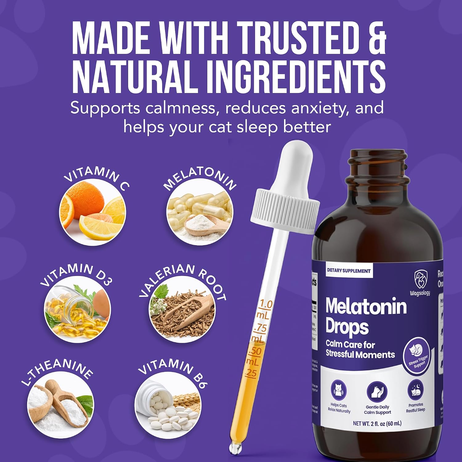 Cat Melatonin Drops Calming Aid for Grooming Travel Vet Visits and Sleep