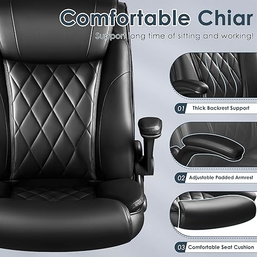 Miniatura 8 de Furniwell Silla de oficina ergonómica grande y alta de cuero para computadora con reposabrazos abatibles, respaldo alto, silla giratoria ejecutiva