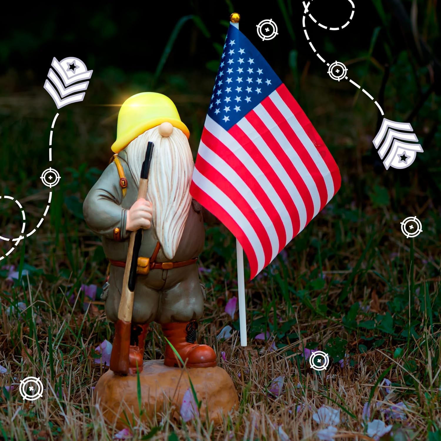 Patriotic Solar Garden Gnome with American Flag, 11" Resin Armed Garden Gnomes Outdoor Statue, Military Yard Gnome Decor, Gift for 4th of July, Memorial Day, Veterans Day - Image 8