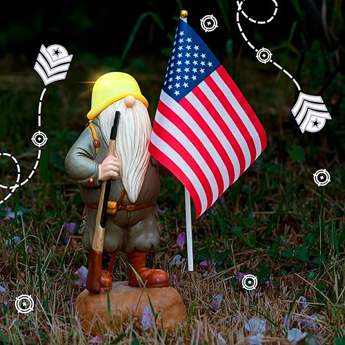 Miniatura 8 de Gnomo de jardín solar patriótico con bandera estadounidense, gnomos de jardín armados de resina de 11 pulgadas, estatua para exteriores, decoración