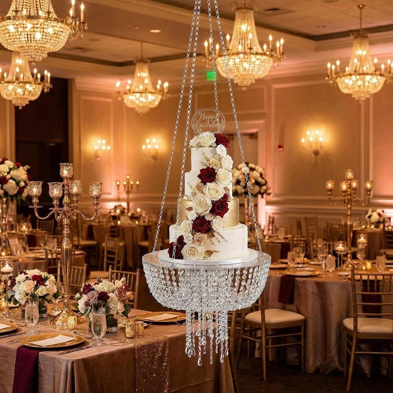 Cake Stands Faux Acrylic Crystal Chandelier Style Drape Suspended Cake Swing for Wedding Event Party Decoration (D 23.6“, Acrylic)