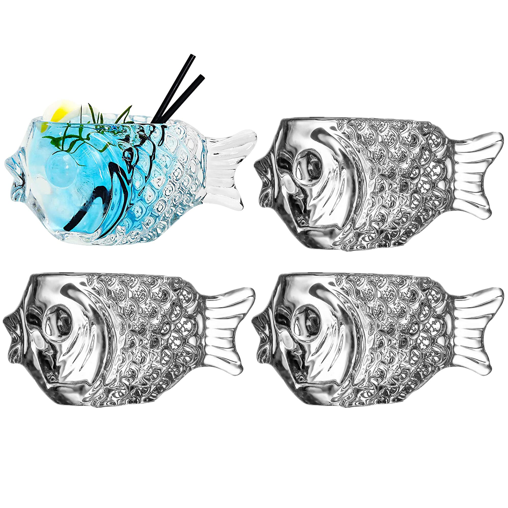 Creative Fish Cocktail Glass 4pcs 6.4oz Heavy base thick glass cup, Novelty Fish Glasses Drinking, Wine Glasses for Party Bar Club Home Party, Martini Cups for Wine Champagne Juice，SC043 (4pcs)