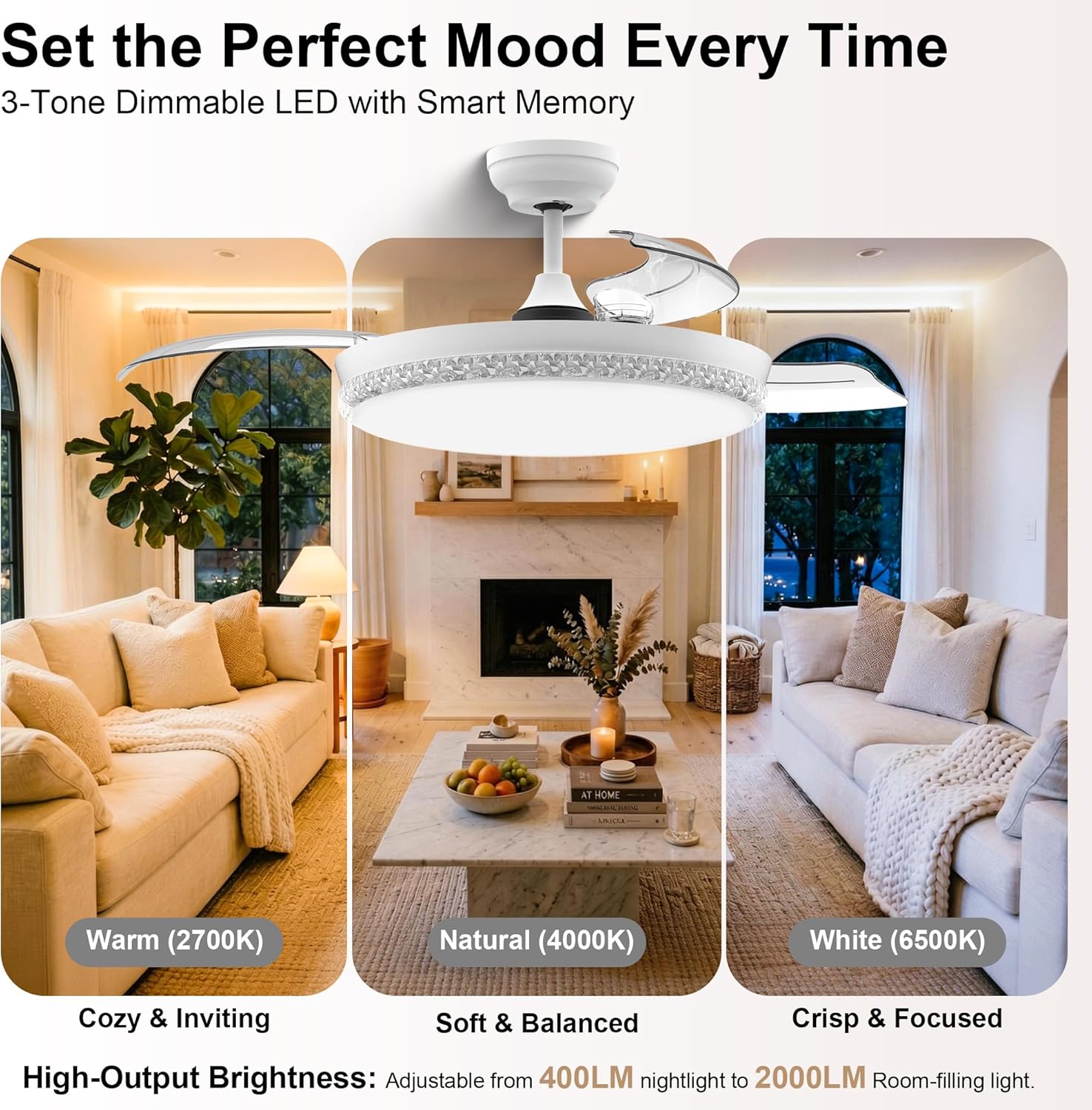 GREENEVER 44 Inch Retractable Ceiling Fan with Light and Remote, Quiet Reversible DC Motor, 3CCT Dimmable Memory LED, Modern Invisible Ceiling Fan for Bedroom Living Room, White by GRANDJOY