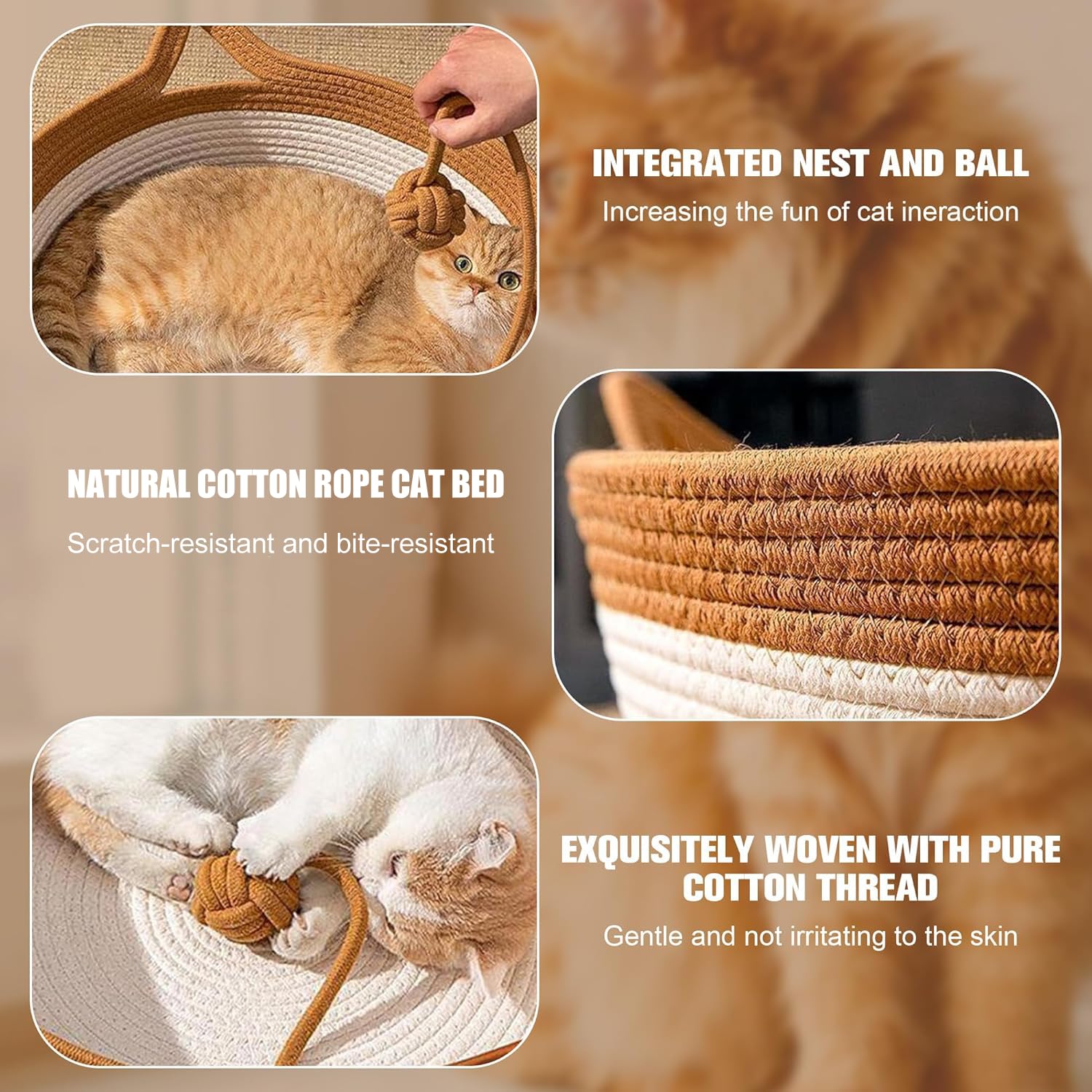WUMEIJIAJU Cotton Rope Cat Bed Basket, Woven Cat Bed with Scratching Ball Toy - Image 3