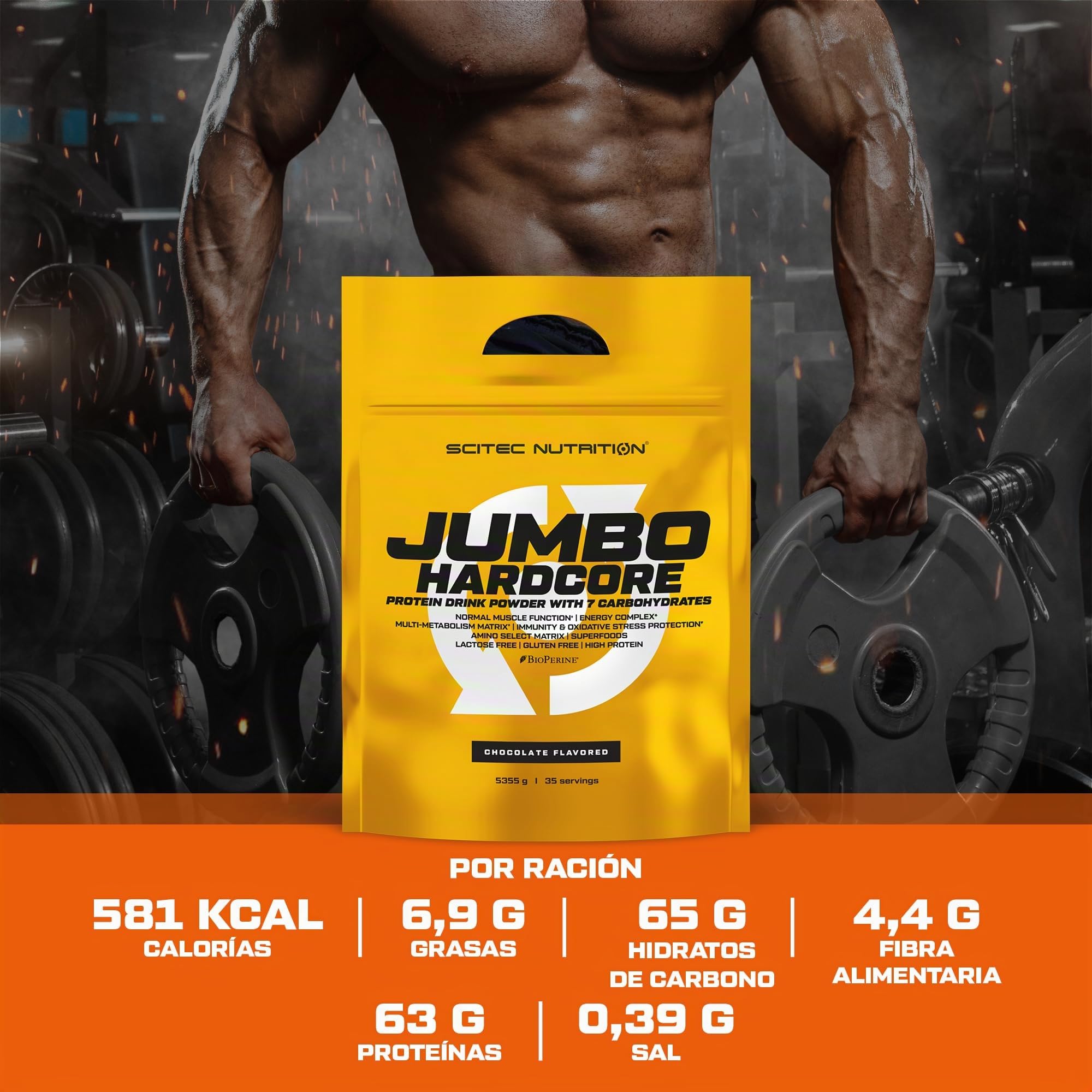 Scitec Nutrition Jumbo Hardcore, Weight Gainer alto en proteína con Amino Select Matrix, Superfoods, Creatina y con 7 carbohidratos, Sin Gluten y Sin Lactosa, 5355 g, Chocolate