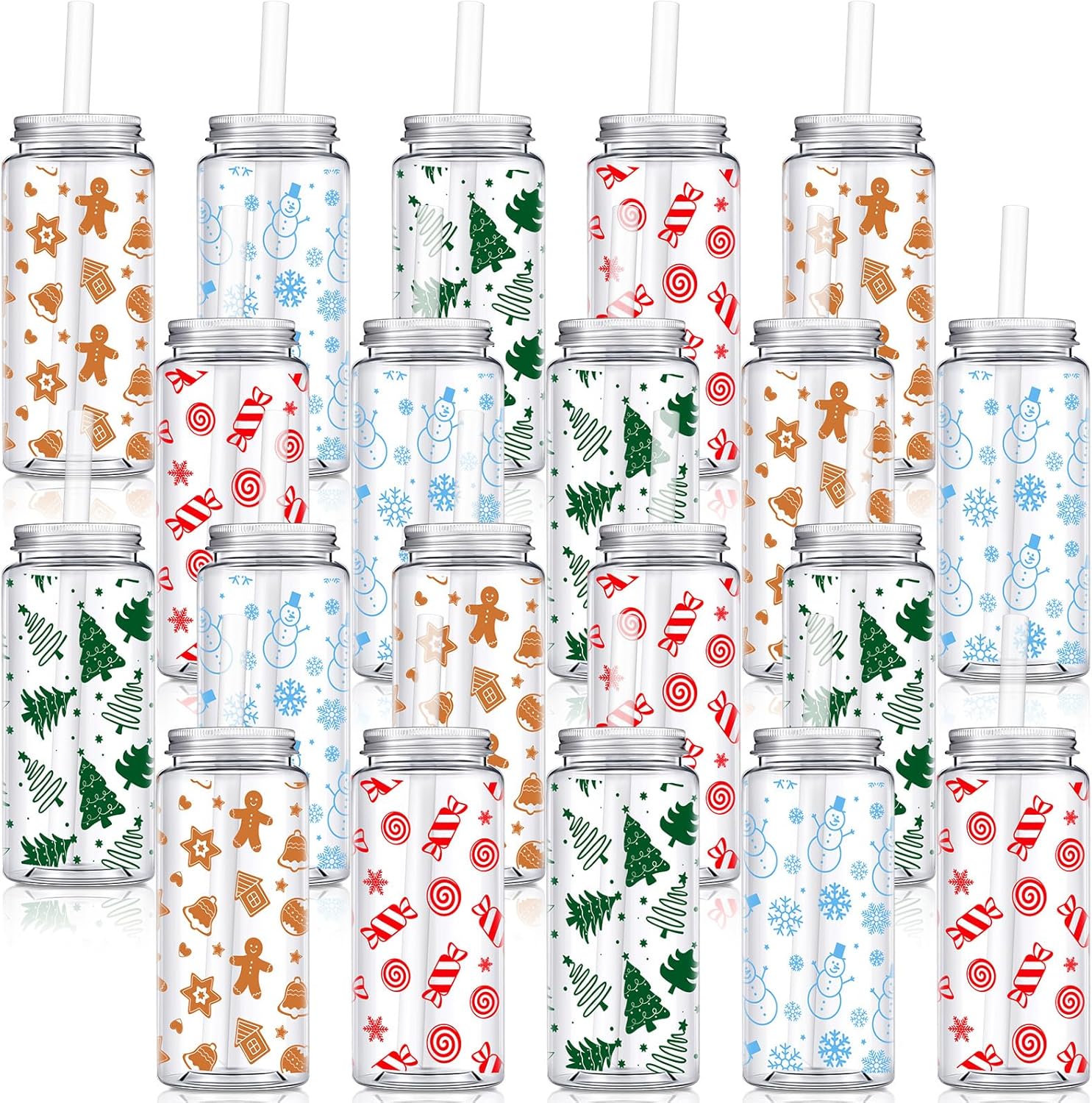 Layhit 20 Pcs Christmas Reusable Cups Bulk 13.5 oz Plastic Mason Jar Drinking Holiday Cups with Lid and Straw Coffee Tea Hot Cocoa Beverage Tumbler for Adults Xmas Party(Novel)