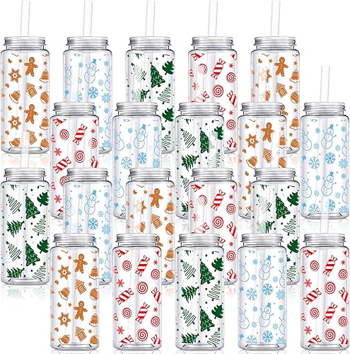 Miniatura 7 de Layhit 20 vasos reutilizables de Navidad a granel de 13.5 onzas, tarros de plástico Mason con tapas y pajitas, vaso de Navidad para niños y adultos,