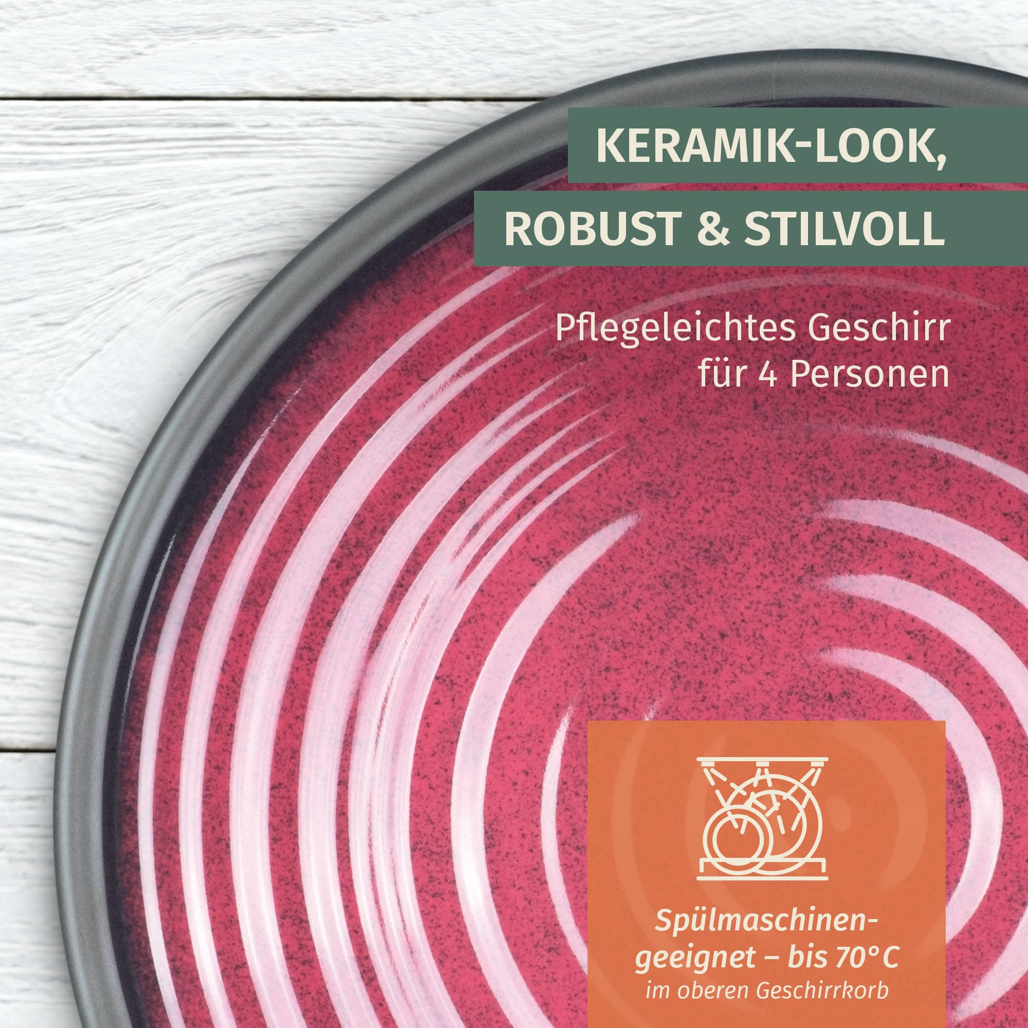 Melamina zestaw naczyń kempingowych dla 4 osób, Stone Red + 4 szklanki Tiamo Champgner Flûtes naczynia stołowe piknik BBQ naczynia do gotowania