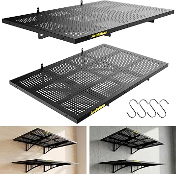 Avalution Garage Wall Shelving,2x3ft Garage Shelving Wall Mounted 2 Pack,Heavy Duty Wall Organizer Storage Shelf with Hooks,650lbs Capacity Floating Shelves for Laundry, Basement,Warehouse,Black