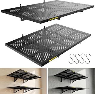 Avalution 2 Pack 2x3ft Garage Shelving Wall Mounted with Hooks,650lbs | Total 24”x72” Heavy Duty Garage Wall Shelf,Adjustable,Black Rustproof Finish,Floating Storage Shelves for Garage & Workshop