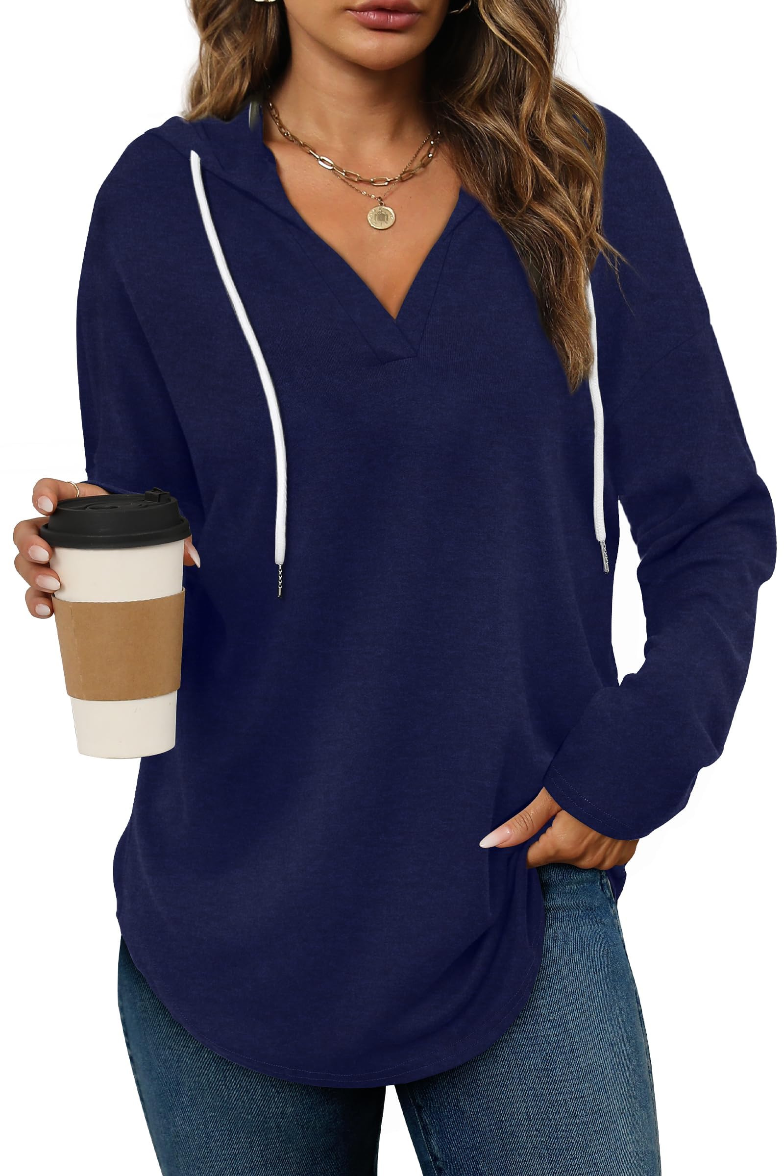 Cuptacc Kapuzenpullover Damen Mit Kordelzug Hoody Damen Mit Kapuze V Ausschnitt Pullover Elegant Jogging Jacke Marineblau Mittel M 38-40