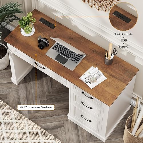 Miniatura 4 de Farmhouse - Escritorio ejecutivo de 47 pulgadas, escritorio para computadora con cajones y cajón de archivos, escritorio de computadora con estación