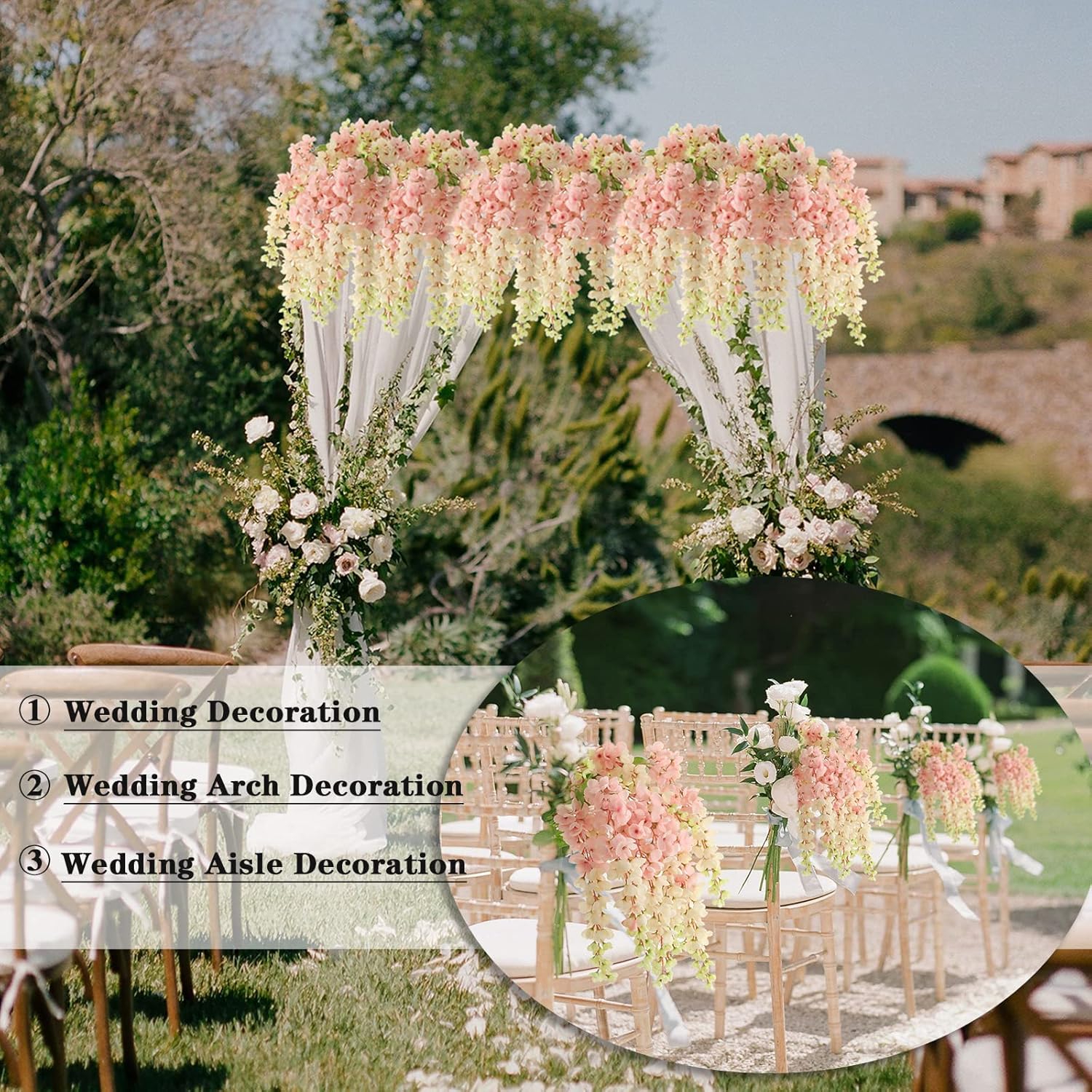 Dailisen 3 Strands 40'' Silk Blush Wisteria Artificial Flowers, Fake Wisteria Floral Hanging Plant Garland, for Home Decor, Party, Floor Vase, Balcony, Wedding Arrangement Decoration (Blush) - Image 4