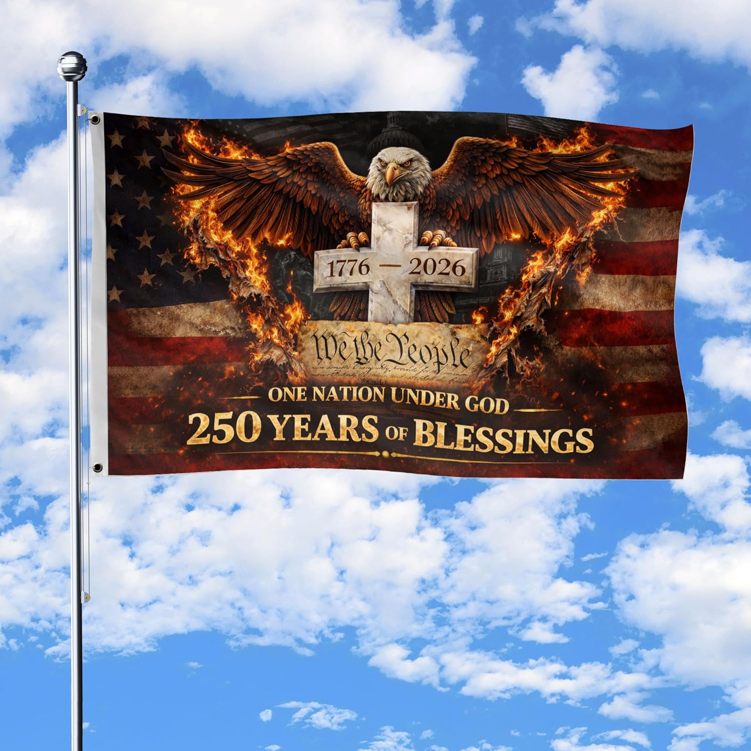 Christian Patriot American Flags, One Nation Under God Flag With Brass Grommets, 250 Years Of Blessings Flag 3x5 Ft, Patriotic Cross Design Decor House, Double-sided Printing, 1776-2026 Commemorative Banner 2