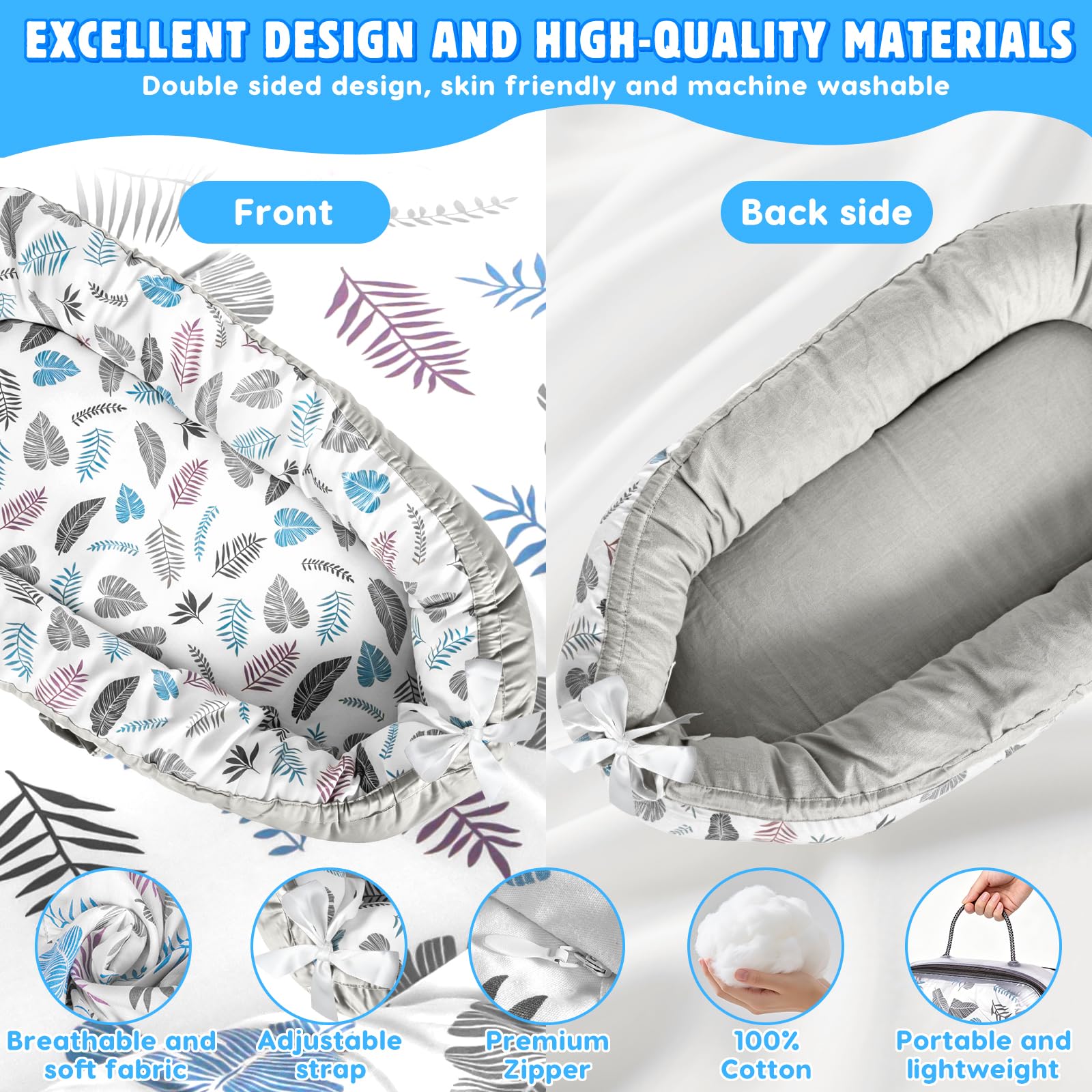 Reducteur de Lit Bebe, Lit Bébé Nouveau-Né 90x50 cm, Doux et Confortable, 100% Coton, Couffin Réversible, Portable avec Poignée de Transport, pour Filles et Garçons de 0 à 24 Mois