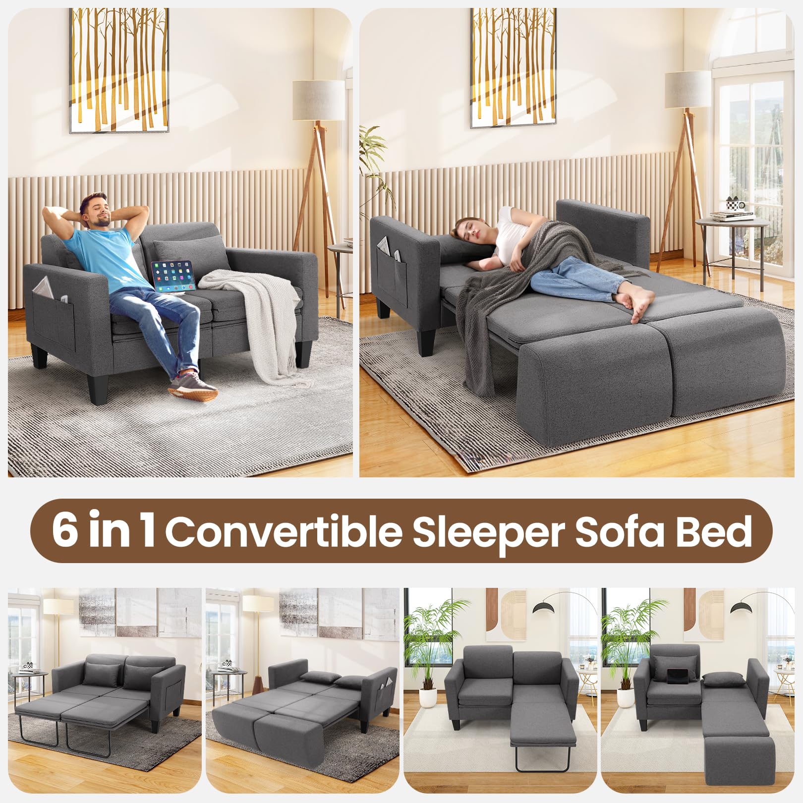 6-in-1 Convertible Sofa Bed, 58" Loveseat Sleeper Sofas, Gray | Pull Out Couch Bed with Removable Backrest, Storage Pockets and 2 Pillows, Modern Folding Linen Futon Couch for Small Spaces