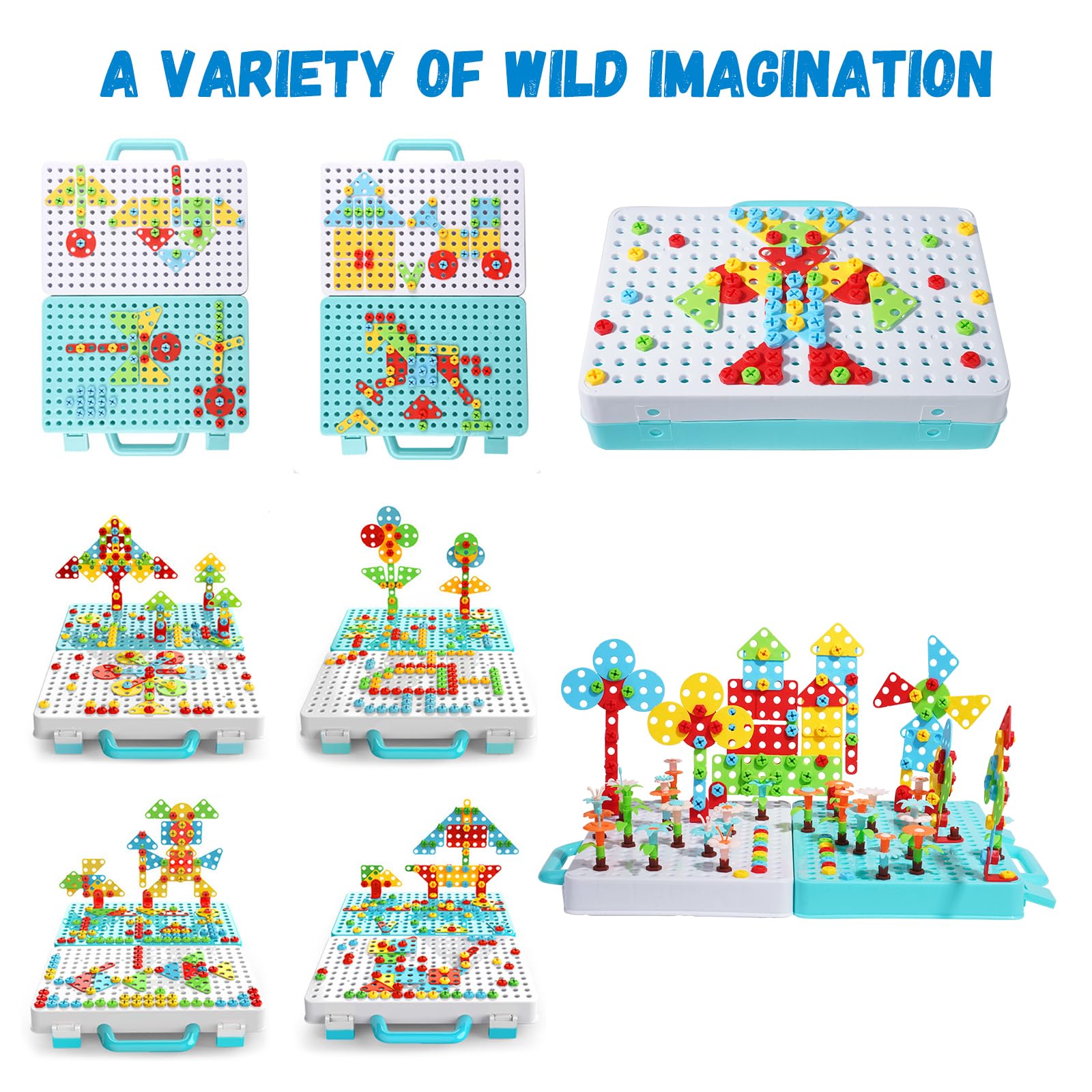 Ark miido Mallette à outils pour enfants avec perceuse, jeu d'emboîtement Montessori - Jouet éducatif créatif 3D - Puzzle mosaïque - Jeux à partir de 3, 4, 5, 6 ans - Pour garçons et filles