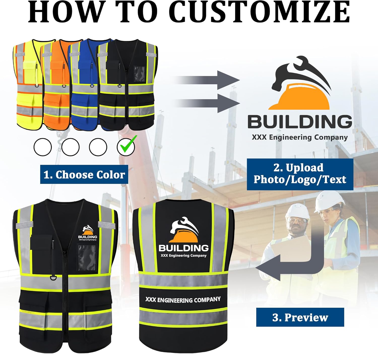 Custom Safety Vest with Logo, High Visibility Reflective Personalized Vest with Pockets and Zipper for Men Women Work - Image 2