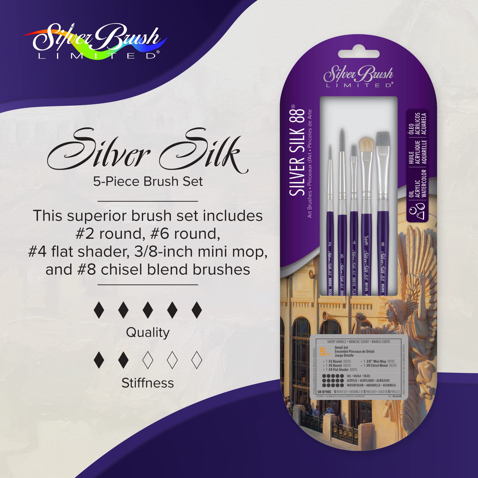Silver Brush Limited SK-8110S Silver Silk 88 zestaw pędzli do malowania, 5-częściowy, krótki uchwyt