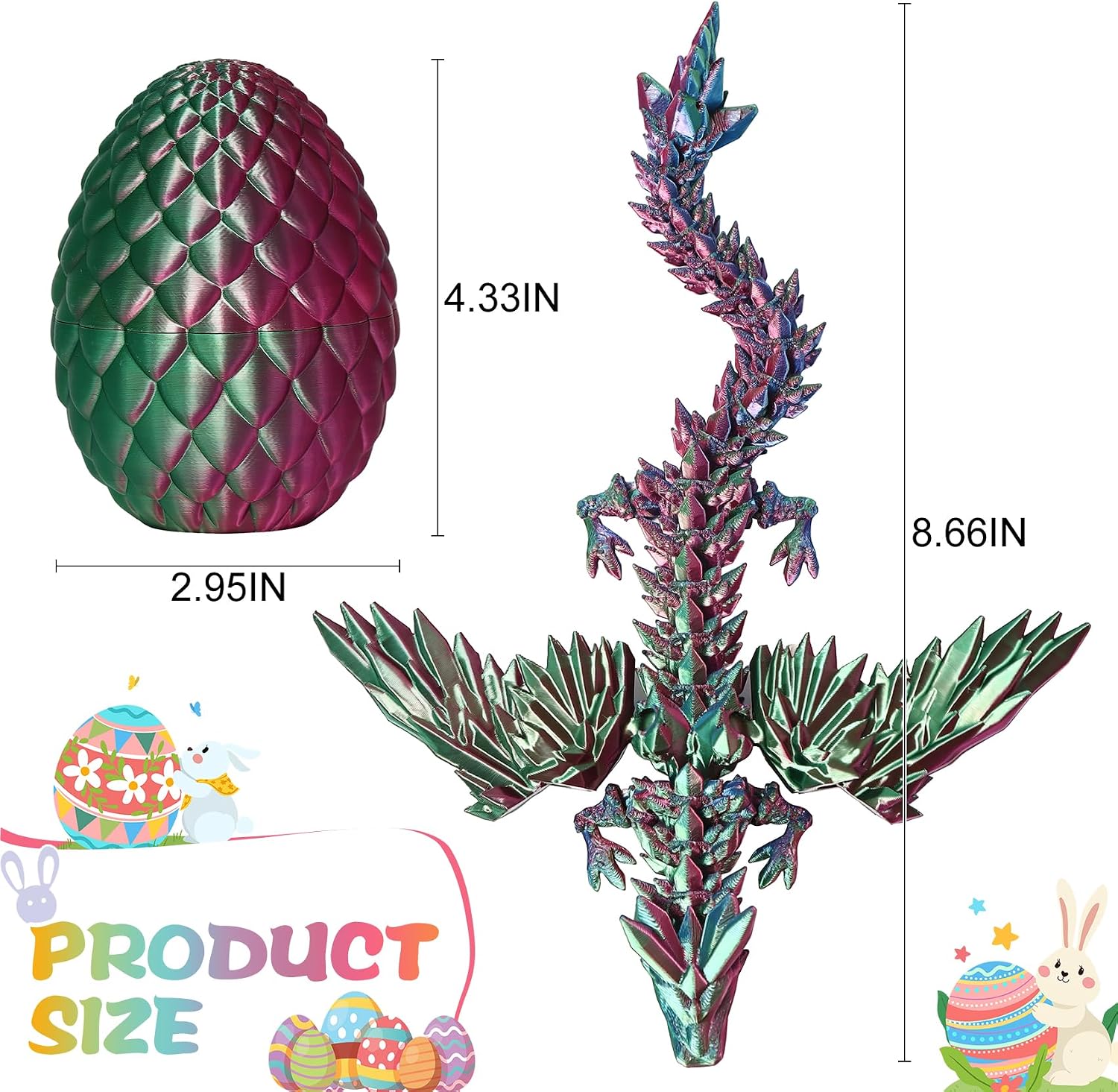 3D Printed Dragon with Wings and Eggs: Flexible Crystal Dragon Toy for Desk Decor, Sensory Fidget Toy for Kids & Adults, Unique Easter Basket Stuffers& Birthday Gift(Red-Green) image 3