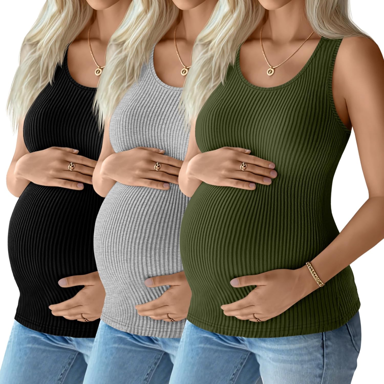 3 Pack Women's Maternity Tank Tops Sleeveless Racerback Summer Pregnancy Shirts Ribbed Knit Mama Clothes