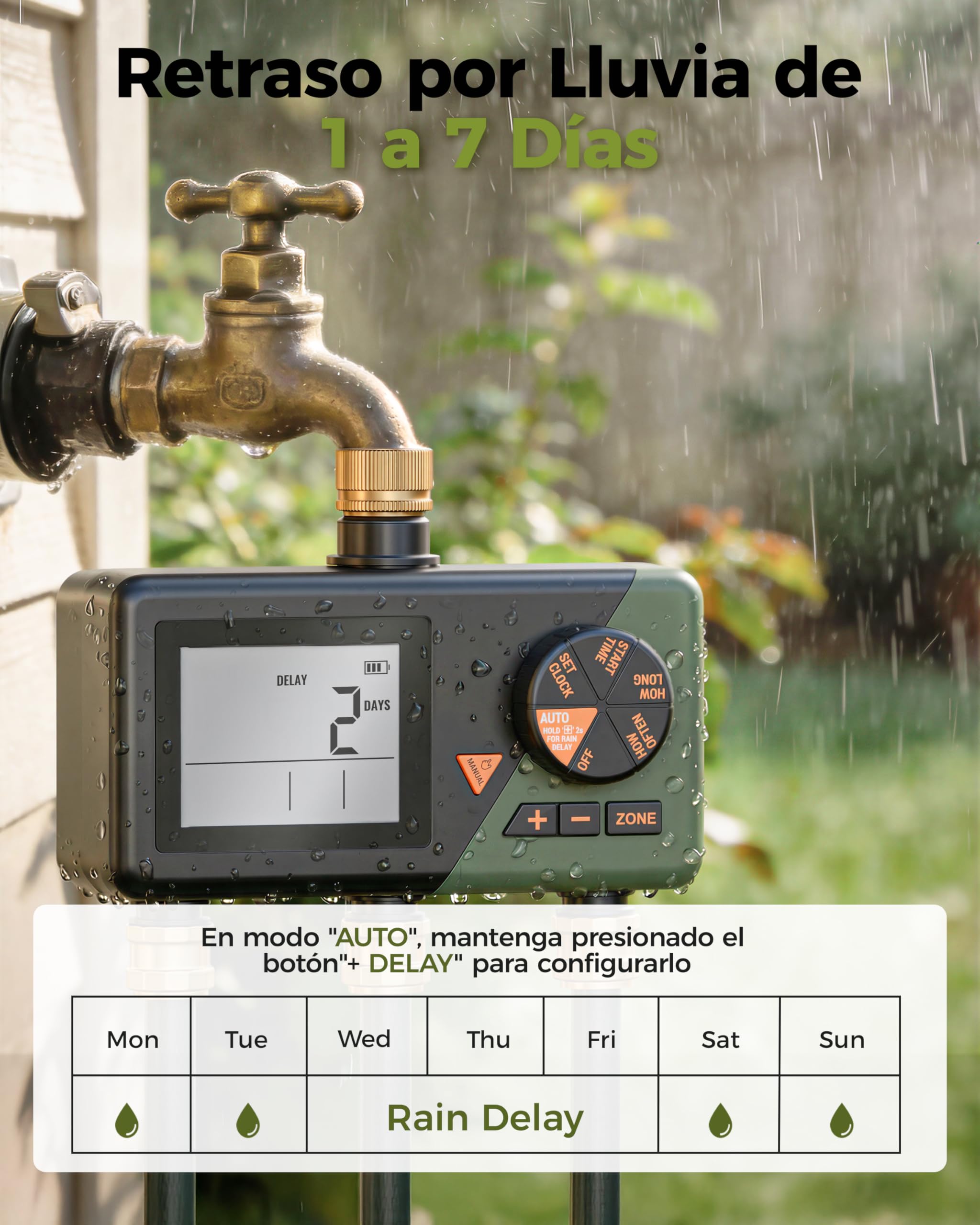 Diivoo Latón Temporizador Riego Automático 3 Salidas para Jardín y Césped | Gran Pantalla LCD, Retraso por Lluvia, Riego Manual/ Automatico