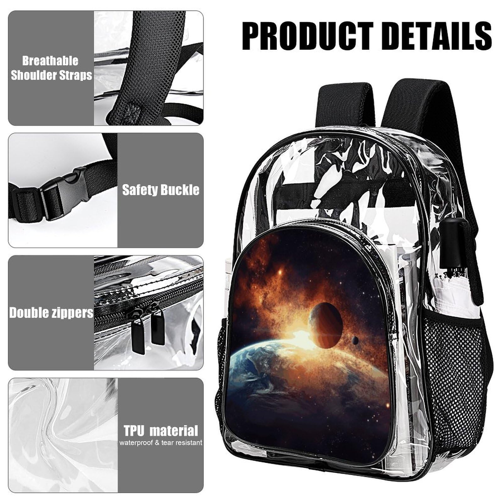 Sun And Earth Transparenter Rucksack, groß, transparent, PVC, Büchertasche für Sicherheit, Arbeit, Reisen, Stadion