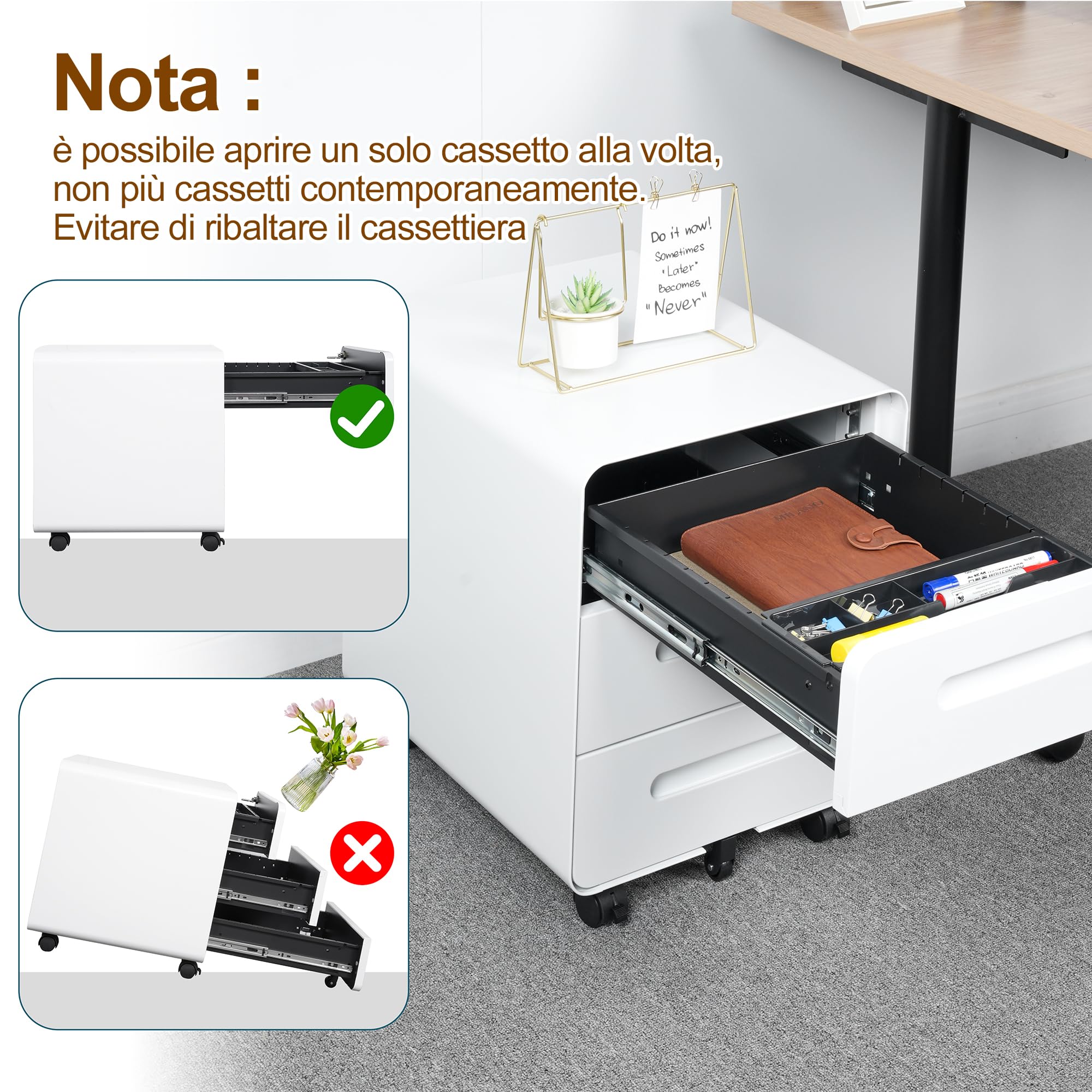 Cassettiera Scrivania Mobile, Cassettiera con Serratura, 4 Chiavi, 3 Cassetti, in Acciaio, Angoli Arrotondati, Preassemblato, 46P x 40l x 50H cm, Bianco