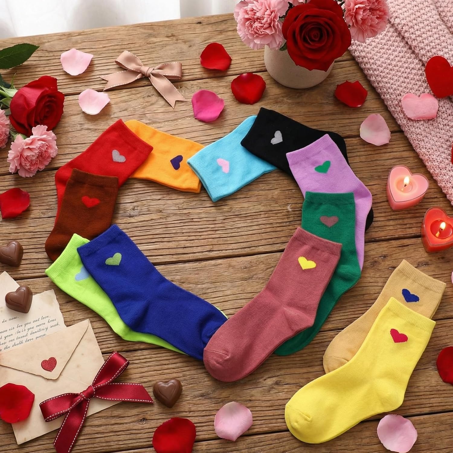 20 Pairs Heart Socks Bulk for Women Cute Novelty Hearts Pattern Above Ankle Crew Socks Holiday Party Gifts