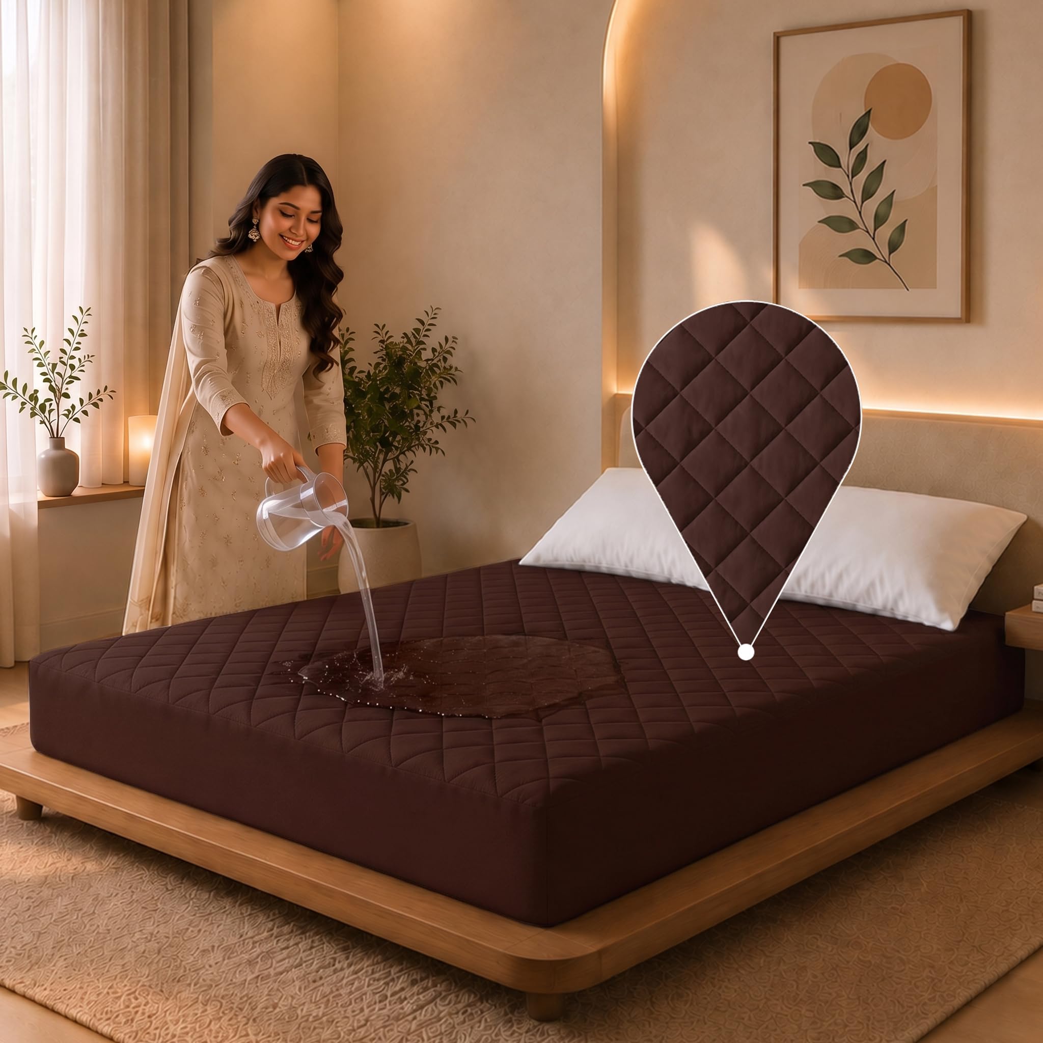 Lithara Quilted Mattress Protector |66"x78"x10"| Waterproof & Hypoallergenic | Terry Cotton | Noiseless | Breathable | Elastic Fitted | Washable Bed Cover | Queen Size 5.5x6.5 Ft (Coffee)-image-2