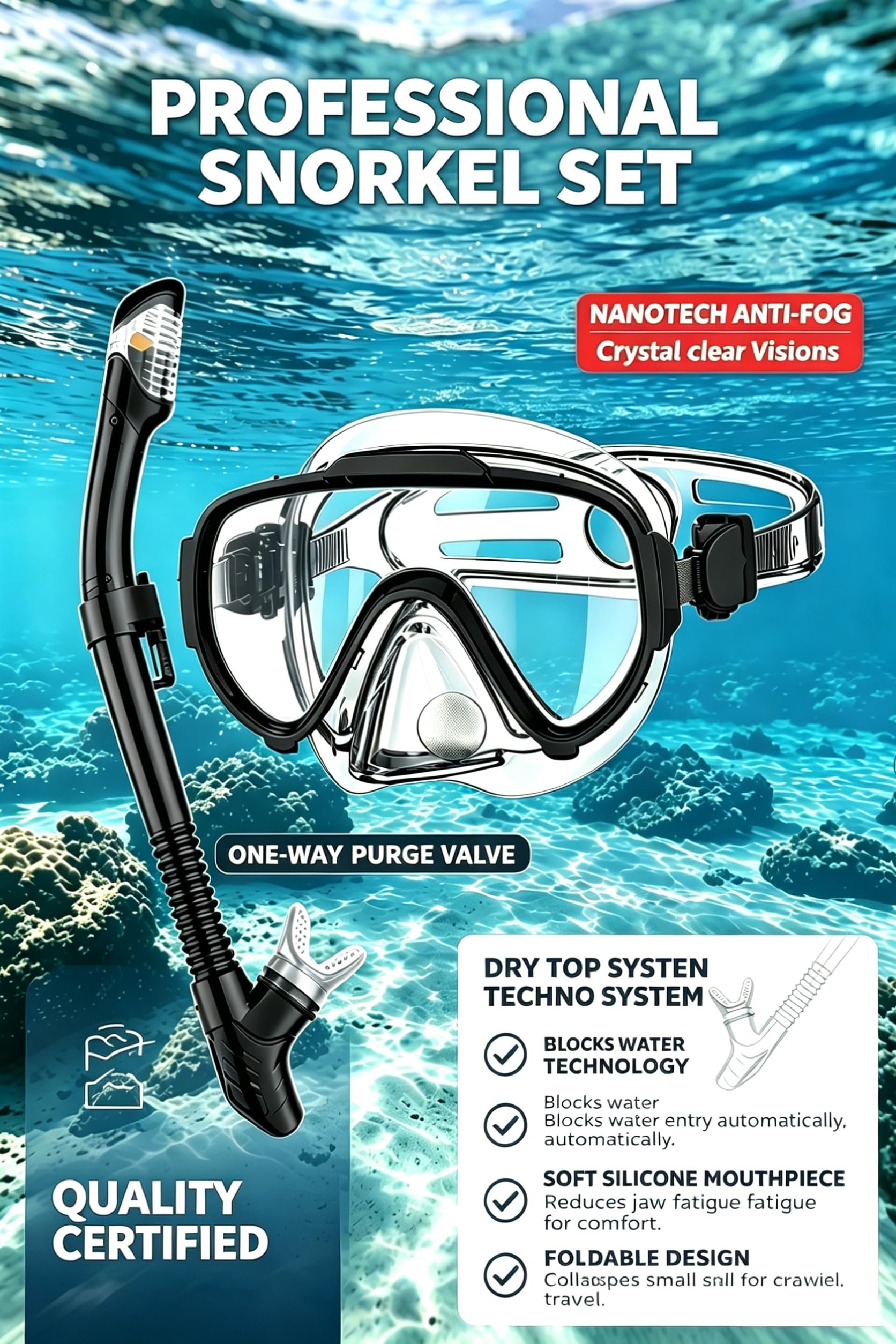 Schnorchelset Erwachsene, Schnorcheln Set mit Schnorchel und Taucherbrille für Herren Damen, Tauchermaske 180° Panorama Anti-Fog Anti-Leck, Premium Dry Schnorchel