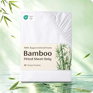 PureWoven Queen Fitted Sheet Qnly, 100% Rayon Derived from Bamboo | Cooling Bottom Sheet for Hot Sleepers, Breathable & Soft, Deep Pocket Up to 18", Secure Elastic Corner Straps, White