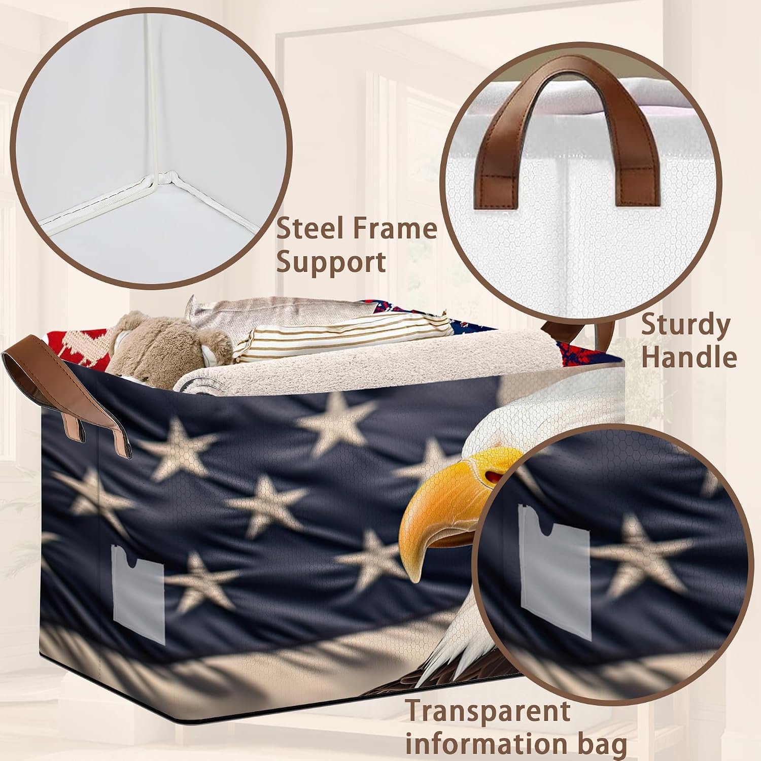 Eagle American Flag Storage Basket Large 17x11.5x10.5 Inches - Patriotic Collapsible Organizer Bin with Handles for Home,Closet,Toys - Foldable Decorative Hamper with USA Flag Design - Single Pack image 4
