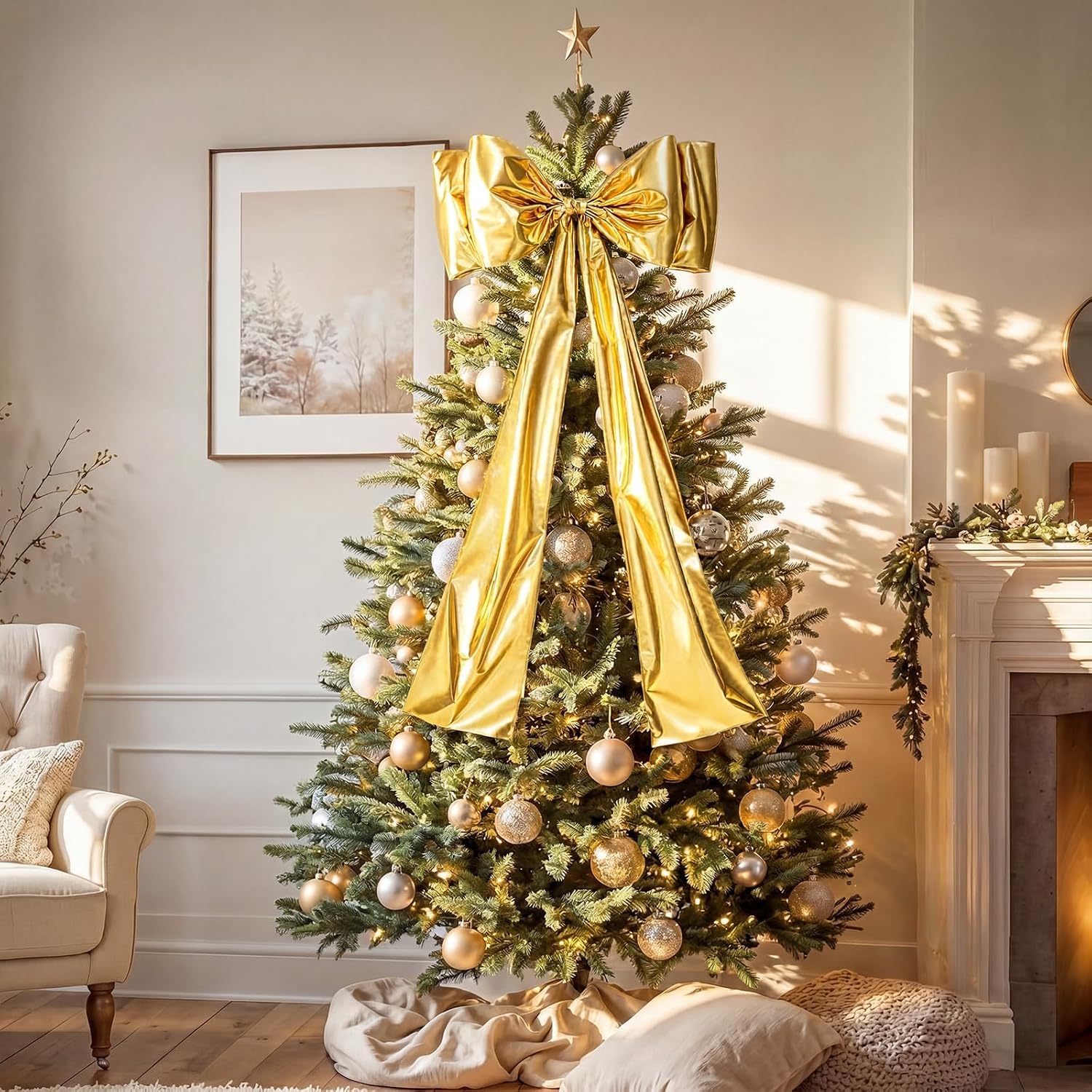 Norme 28 x 55 Inch Extra Large Gold Metallic Christmas Tree Topper Bow