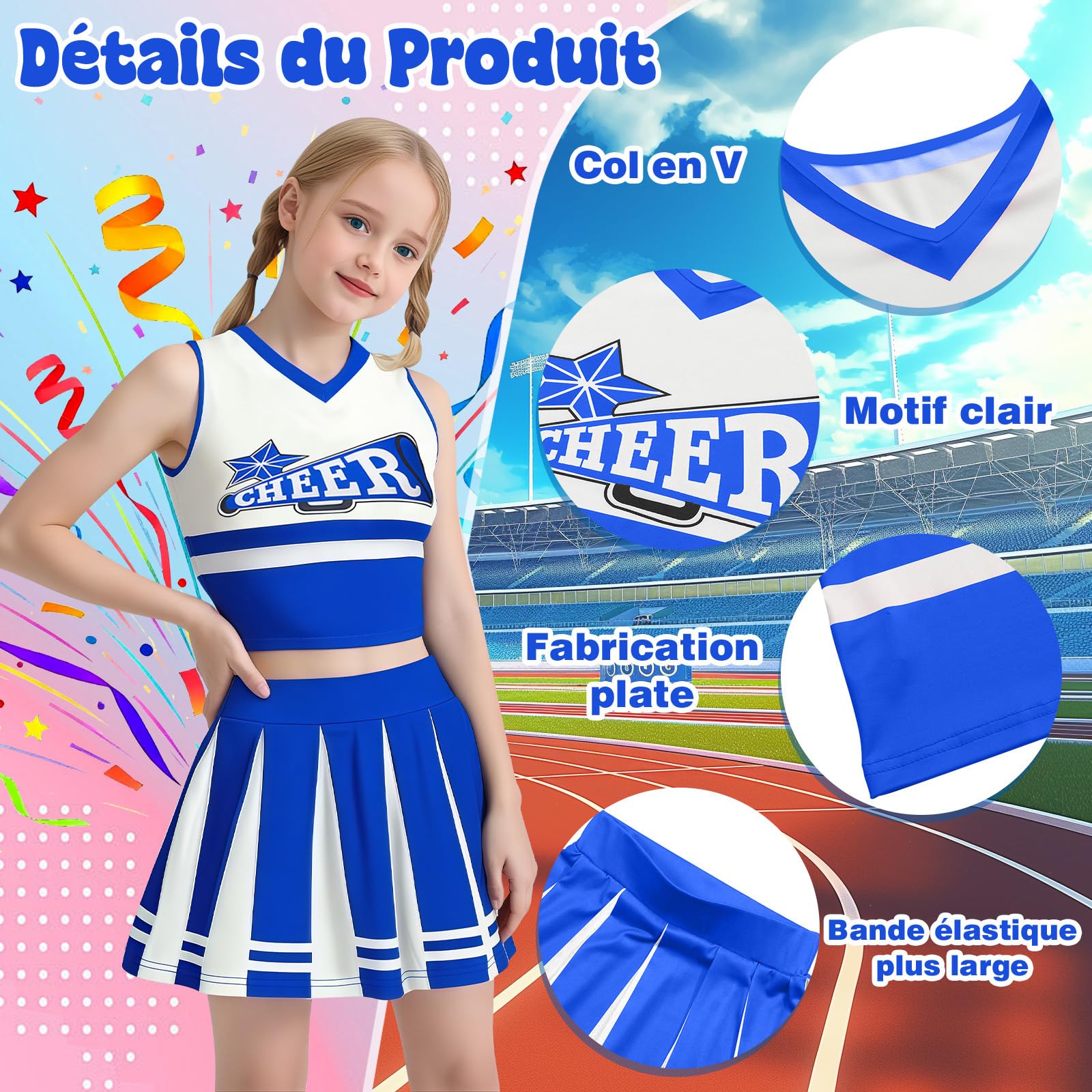 Luckyou Vestito Cheerleader Bambina Costume da Cheerleader Ragazze con Pompoms Calze Vestito Carnevale Bambina per Halloween Giornata Sportiva - 5