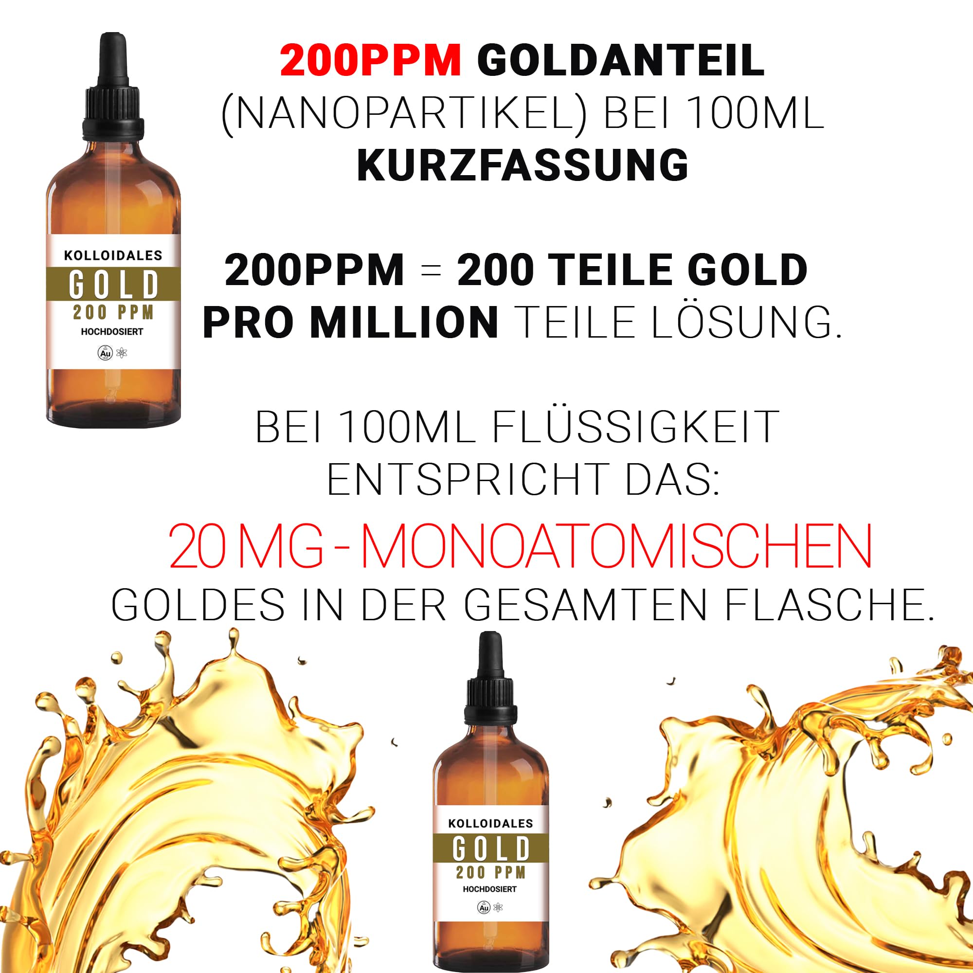 Oro coloidal de 200 ppm (100 ml) – Dispersión premium en vidrio marrón farmacéutico con pipeta de precisión – Tecnología de partículas finas, materiales certificados – Manna Colloidal Gold