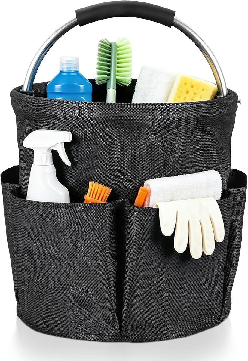 17L Cleaning Caddy, 6 Pockets Foldabl Storage Tote with Handle | Foldable Oxford Fabric Organizer for Cleaning Supplies, Gardening Tools, Car Wash Items, Camping and Home Storage, Black