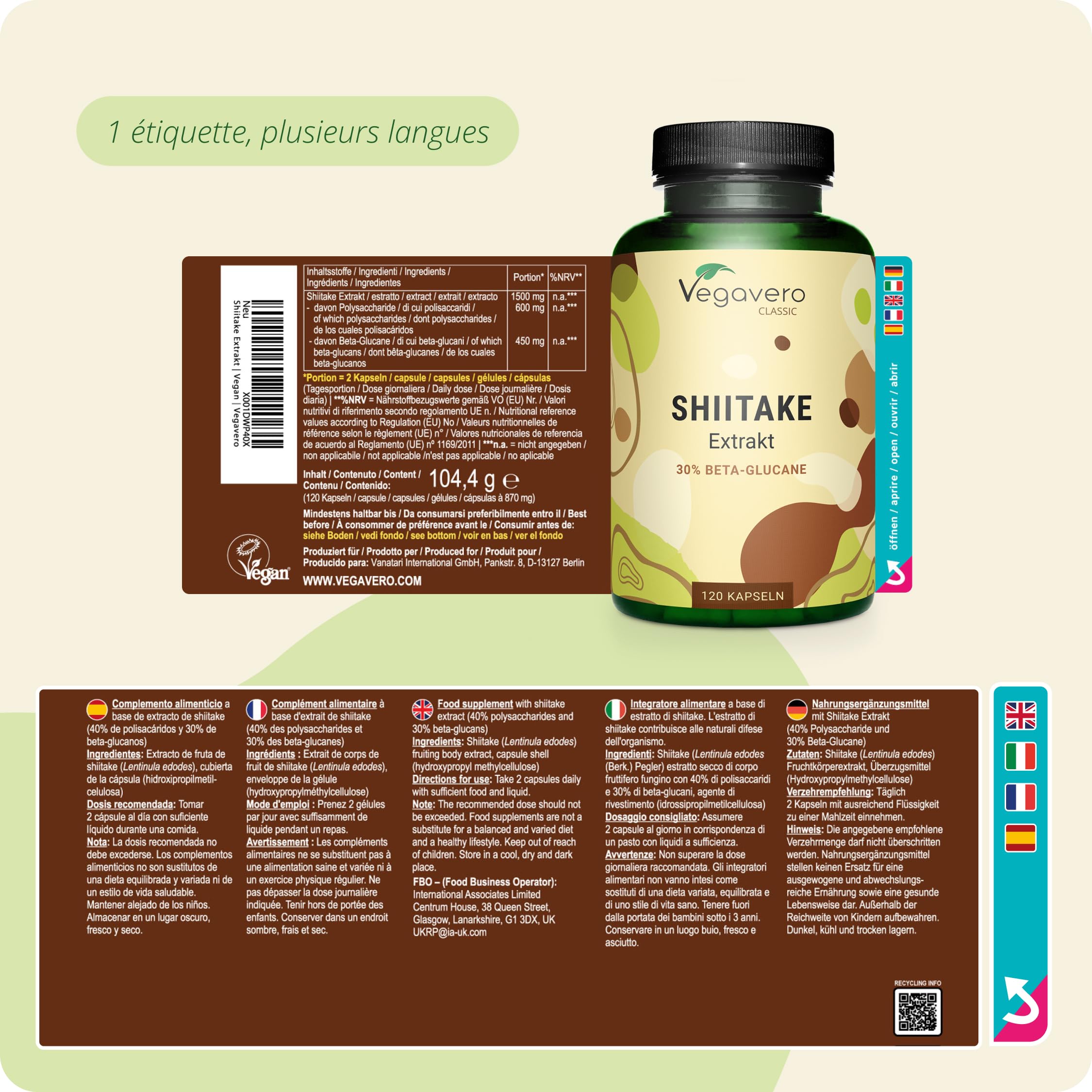 Shiitake Vegavero® | Dosage Élevé : 750 mg d’Extrait | Avec 40% Polysaccharides + 30% Bêta-Glucanes | Défenses Immunitaires + Anti-Stress | 120 Gélules | VEGAN