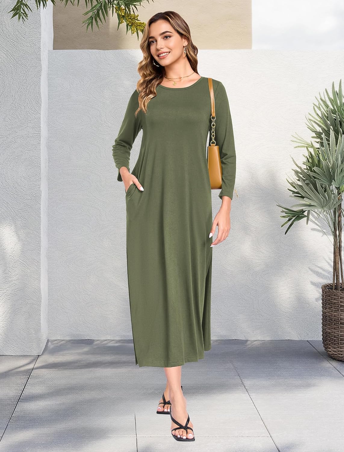 Lacavocor Women's Long Sleeve Midi Dresses Side Slit Fall Casual Crewneck Loose Fit Long T Shirts Dress with Pockets - Image 4