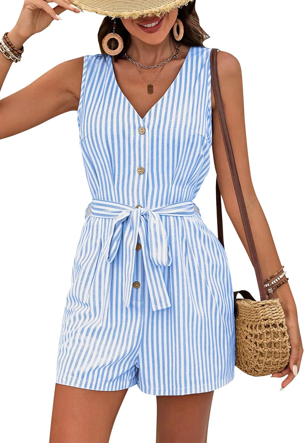 Women Summer Rompers Sleeveless V Neck Button Down Linen Jumpsuit Shorts Beach Striped Rompers with Belt
