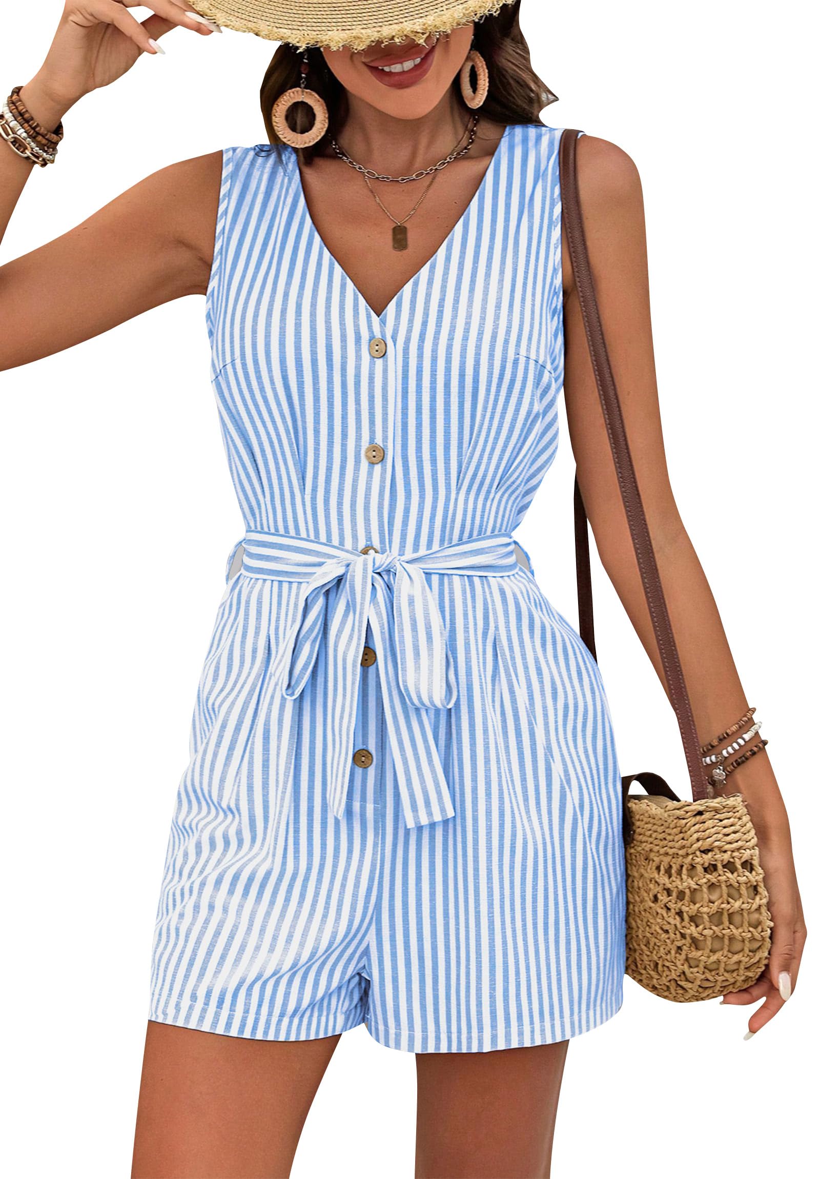 Womens Summer Romper V Neck Button Up Linen Rompers Striped Sleeveless Short Jumpsuits Beach Vacation Outfits