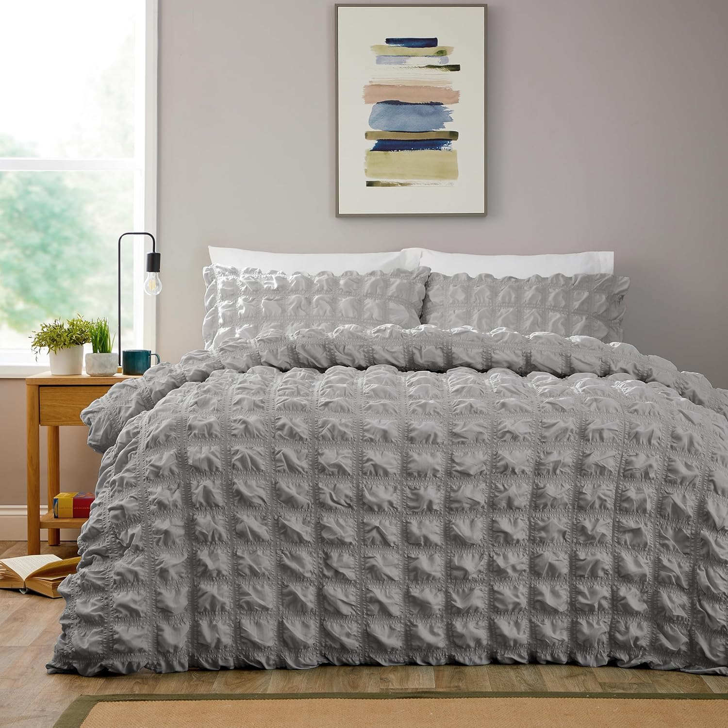 KARKARM Soho Pinch Pleat Grid Duvet Cover King Size Grey Geometric Pleated Microfibre Duvet Cover Set Square Ruched Quilt Covers Bedding Sets 3 pcs