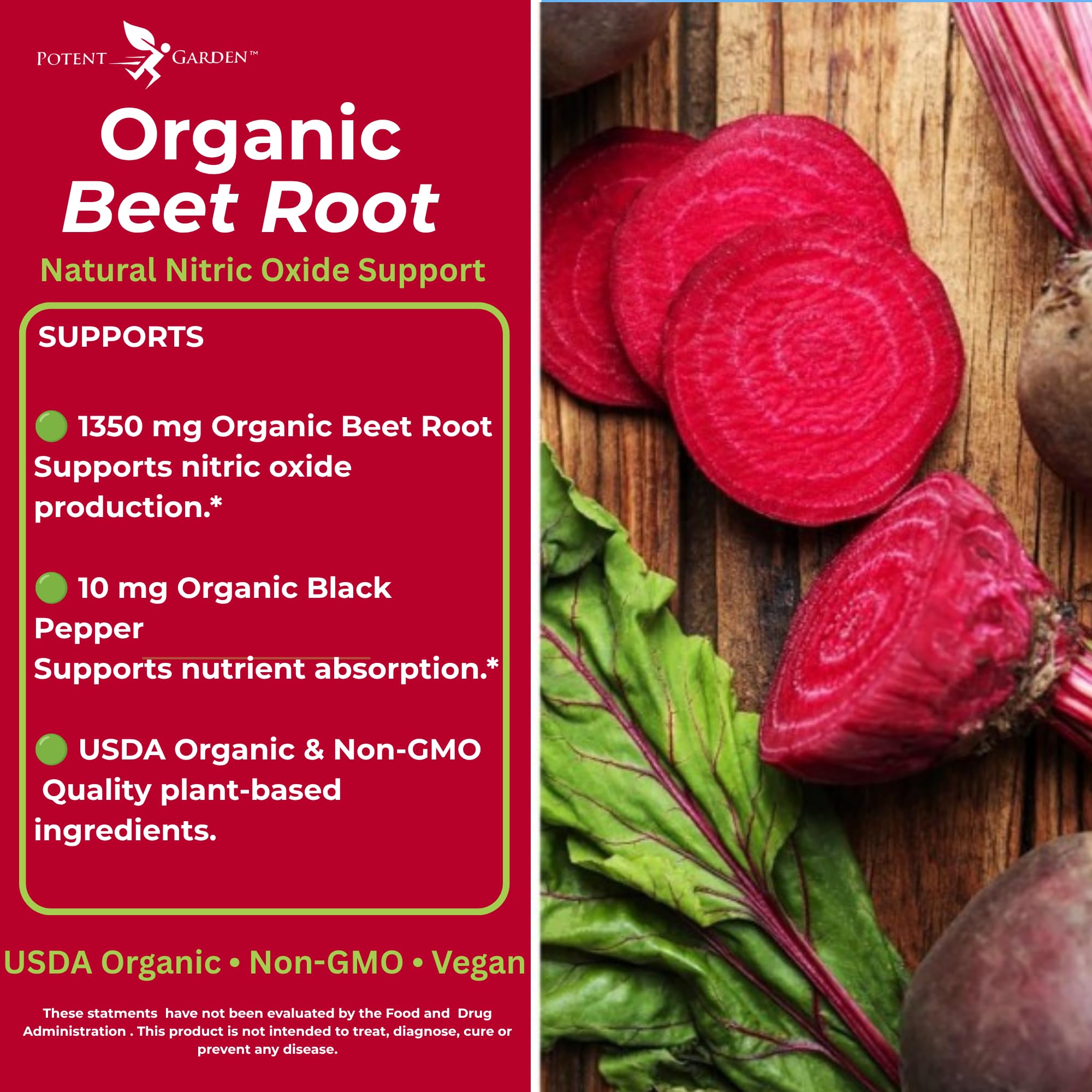 Potent Garden Organic Beet Root Tablets 1350 mg with Black Pepper – Nitric Oxide Support Supplement for Circulation & Energy – Vegan, Non-GMO Beetroot Capsules Alternative – 120 Tablets — Amazon image 4