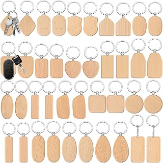 Cunno Wood Engraving Blanks Wooden Keychain Assorted Shape Unfinished Wooden Key Tag with Ring for DIY Gift Craft Accessories (20 Pcs)