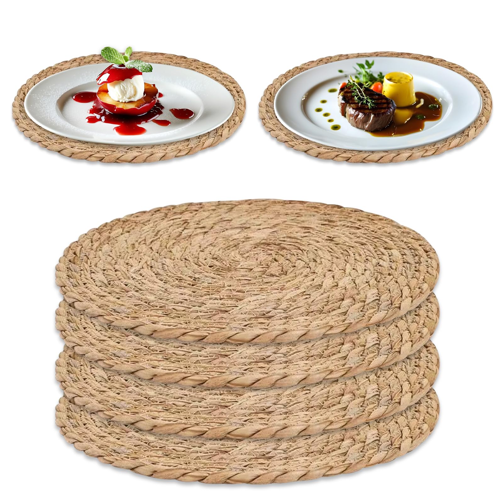 4 PCS Woven Placemats Round 30cm, Handwoven Wicker Placemats Cattail Natural Rattan Placemat Rustic Wicker Table Mats Heat Resistant Braided Placemat for Dining Table (Brown)