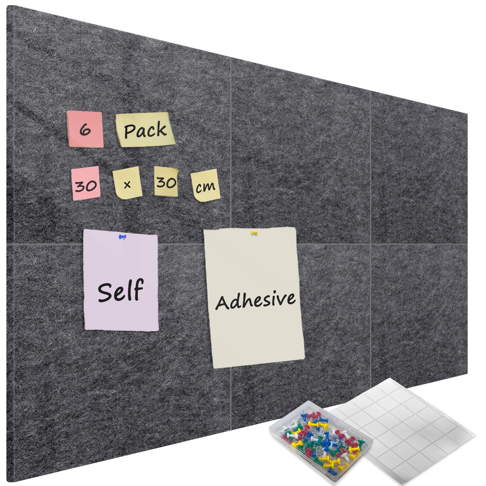 6 Pack Felt Pin Board, 12mm Thick Adhesive Notice Board for Wall | with Tabs & 60 Push Pins | Dark Grey 30x30 cm-Square Felt Wall Tiles | Display Photo Memo for Office School Home Bedroom