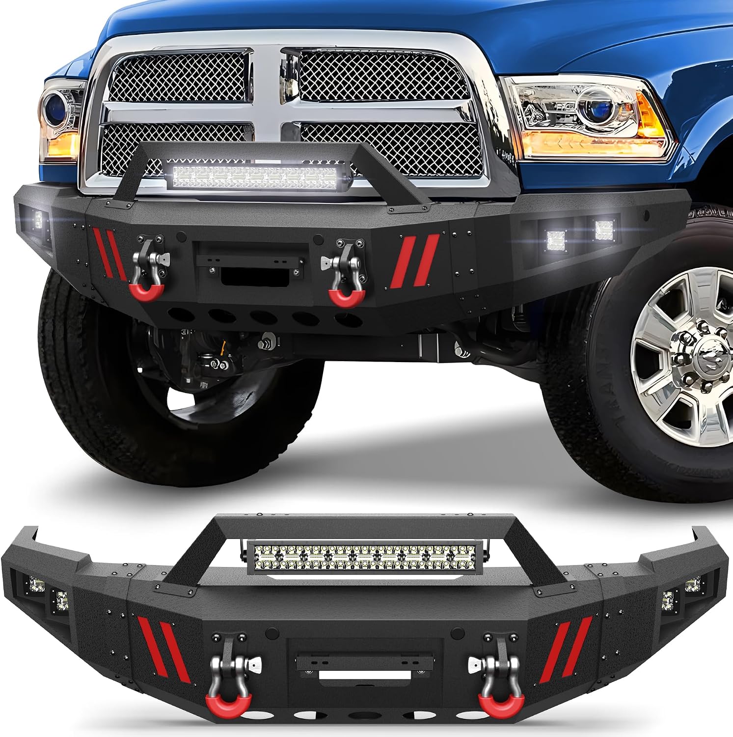 Truck Front Bumper Fit Dodge 2010-2018 Ram 2500/Ram 3500,Textured Black Pickup Bumper with Winch Plate and 144W LED Light and D-ring